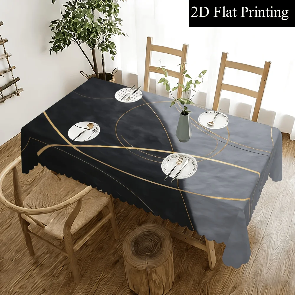 One-piece 2D flat-printed gray-black-gold thread geometric pattern tablecloth, a simple yet luxurious decorative tableclothxzj