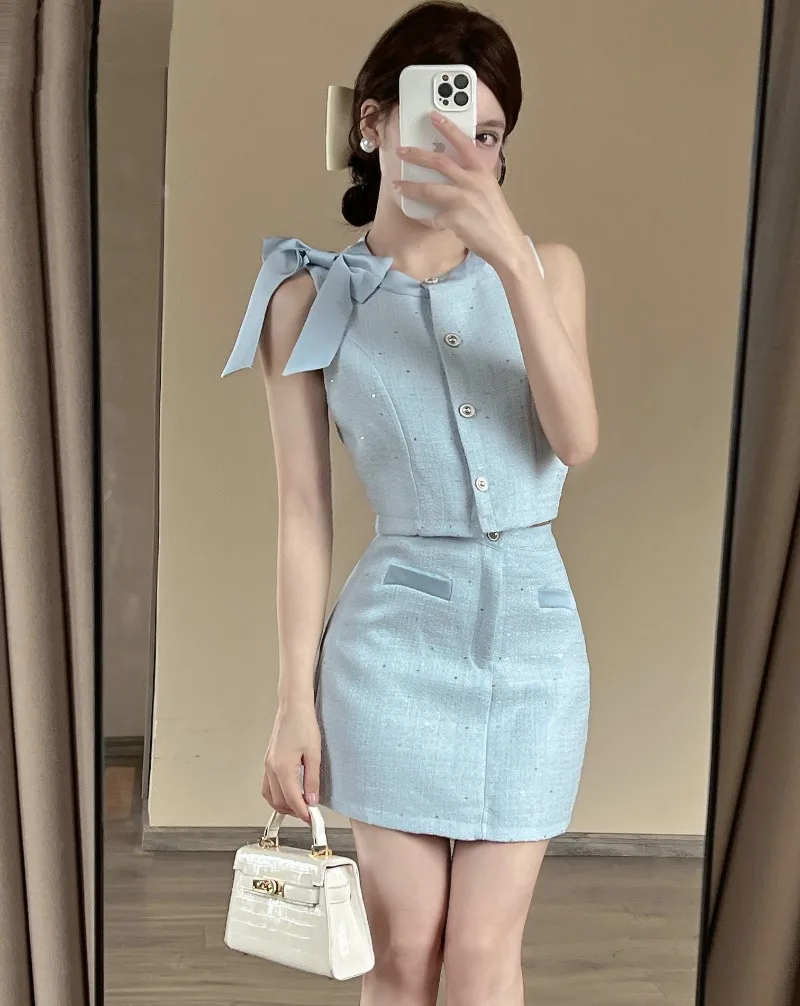 Temperament Celebrity Coarse Tweed Sleeveless Top Skirt Two-piece Set Women Bow Splice Single Breasted Slim Sweet Summer Wear