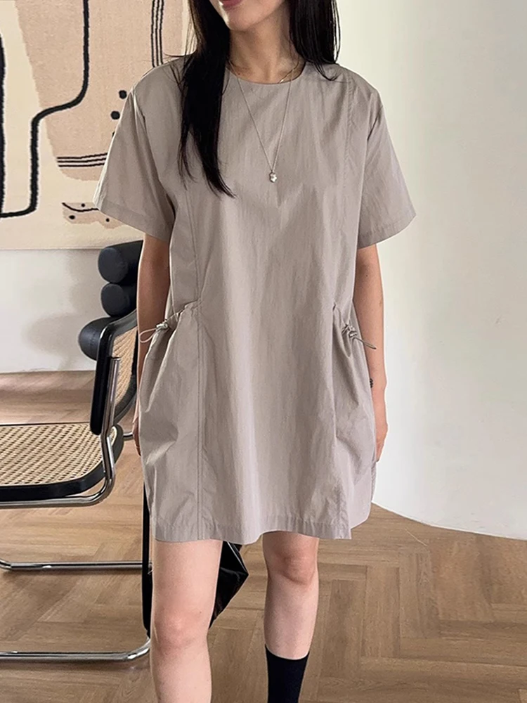 Vestido F de Manga Curta com Cordão Liangliang, Novo Estilo de Verão, Retro, Solto, Camadas, Cor Pura, Saia Curta com ...