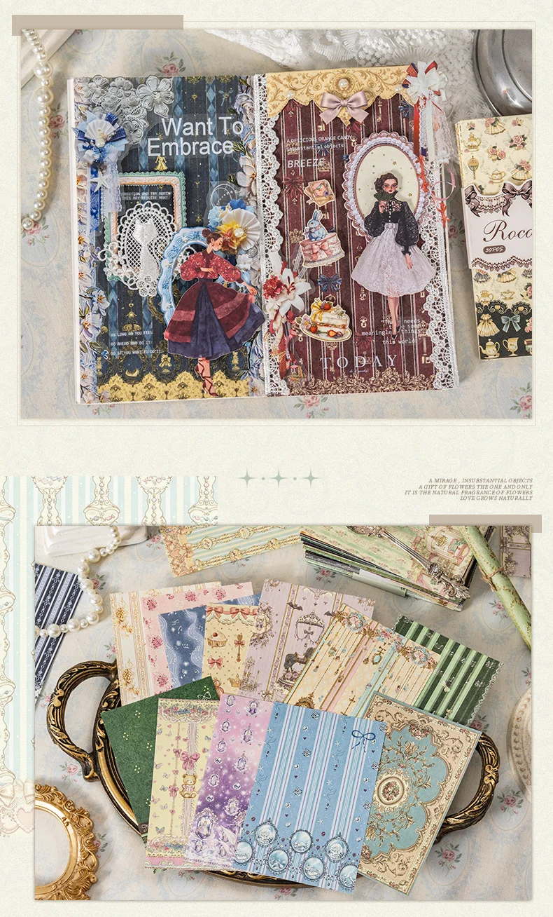 Journal GO 30 Stück Rokoko-Traum Loseblatt-Papierblock Vintage Blumenmuster Dekoratives Bastelpapier-Set für Scrapbooking Planer Journaling – Detail 8