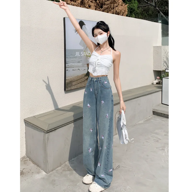 Blue Jeans for Women Embroidery High Waist American Fashion Y2K Chic Streetwear Wide Leg Jean Female Trouser Baggy Denim Pants