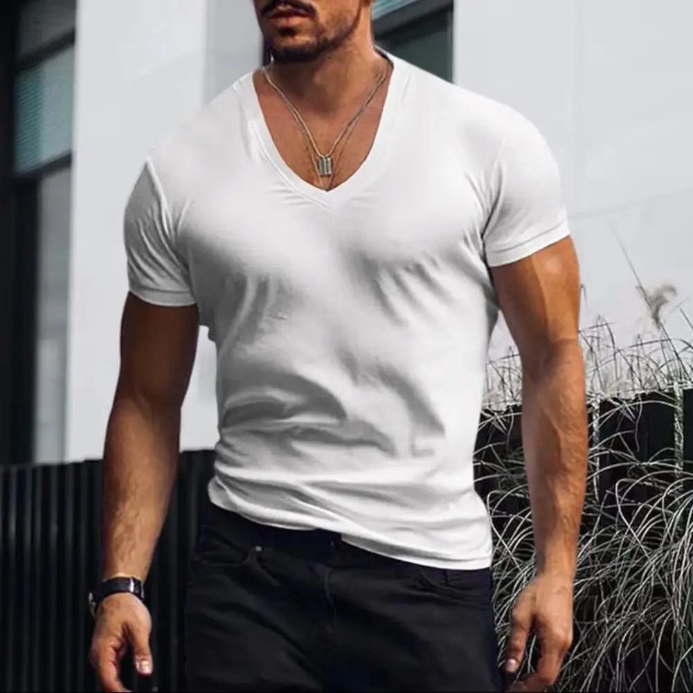 Men T-shirt V-neck Solid Color Sweat Absorption Breathable Soft Dress-up Washable Summer Men Shirt Top Men Pullover Top
