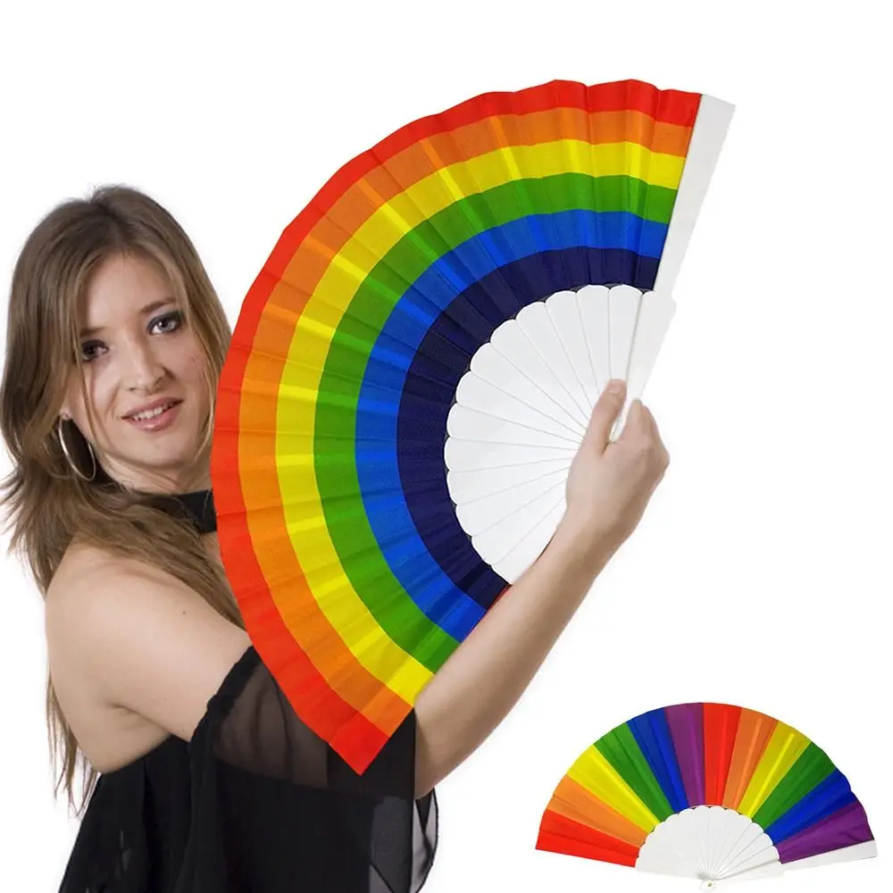 Rainbow Fans Large Rave Clack Folding Hand Fan Hand Rainbow Folding Fans Crafted Gift Fan on Cloth