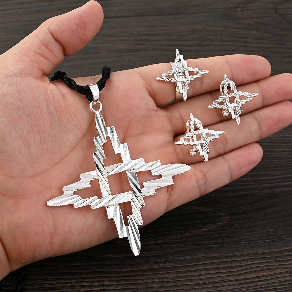 African Cross Necklace Earrings Ring Jewelry Sets Silver Color Ethiopian Eritrean Holiday Party Ornaments