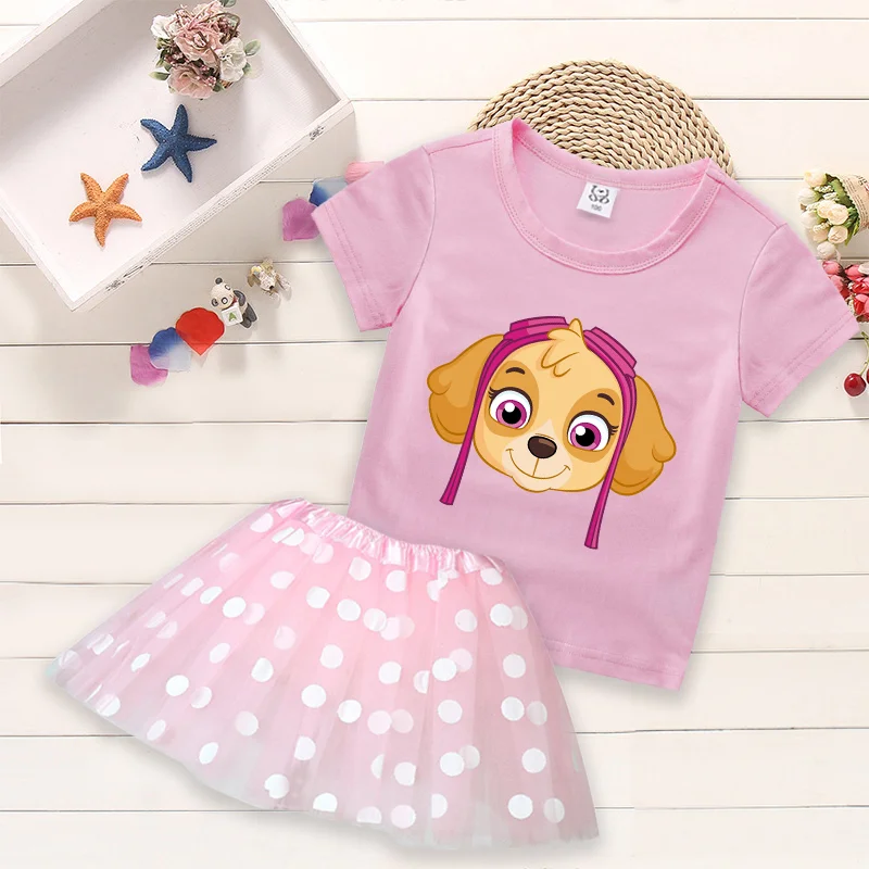 Paw Patrol Kinderen T-Shirt Jurk Cartoon Skye Zomer Modeset Polka Dot Print Ronde Hals Roze Kleding Meisje Verjaardagscadeau