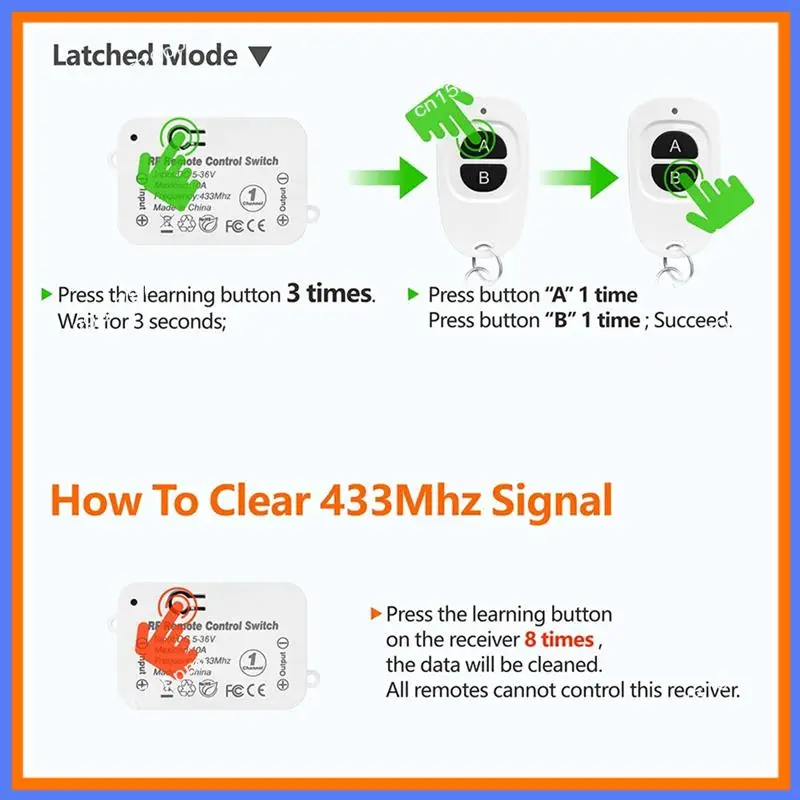 

BAAE 433Mhz Wireless Remote Control Switch 10A DC 6V 12V 24V 30V 36V Mini RF Relay Receiver Transmitter