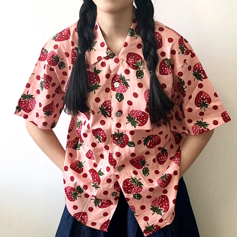 Japan Kawaii Fruit Strawberry Graffiti Button Up Shirt Cute Sweet Girl Teens POLO Shirts Short Sleeve Tops Korean Fashion Beach