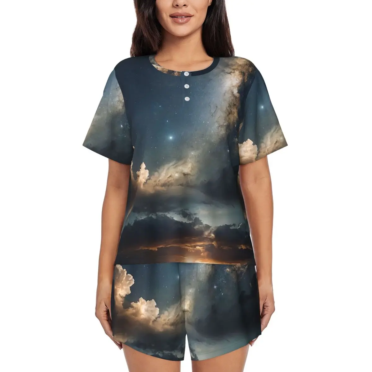 

Starlit Sky Milky Way Starry Round Neck Short Sleeve Nightgowns for Sleeping Sleepshirts Women Soft Pajama Set Short Pants