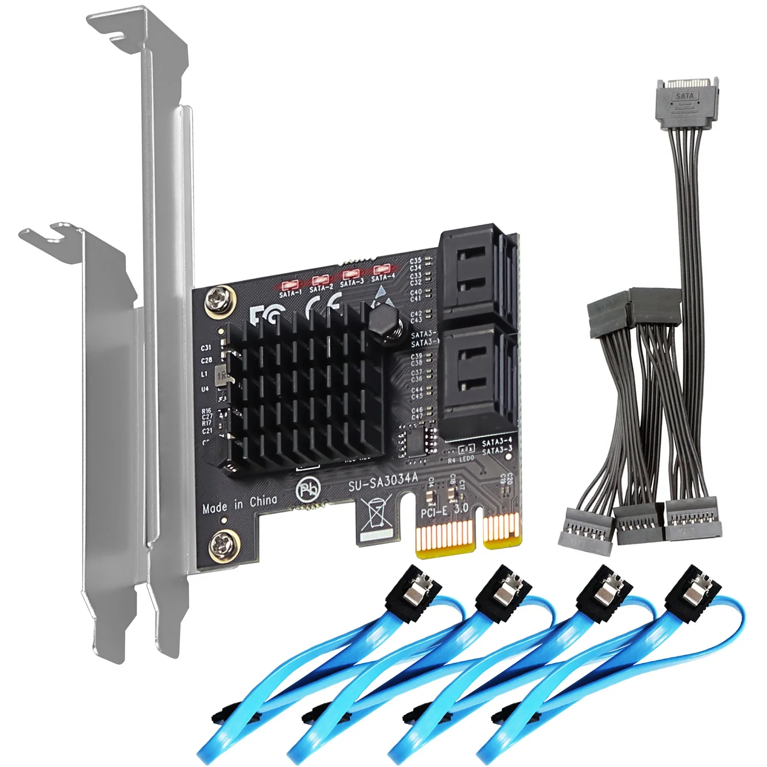 PCIe SATA Adapter Card with 4 Port SATA III 6Gbps (Including SATA Cables and 1:5 SATA Splitter Power Cable)