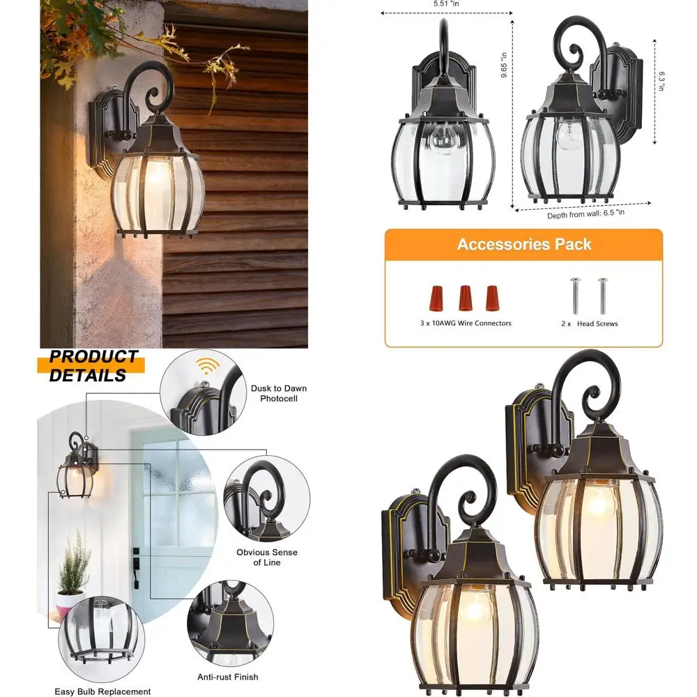 

Vintage 2-Pack Black Outdoor Wall Lights with Gold Rim, IP65, Sensor, E26, for Porch and House