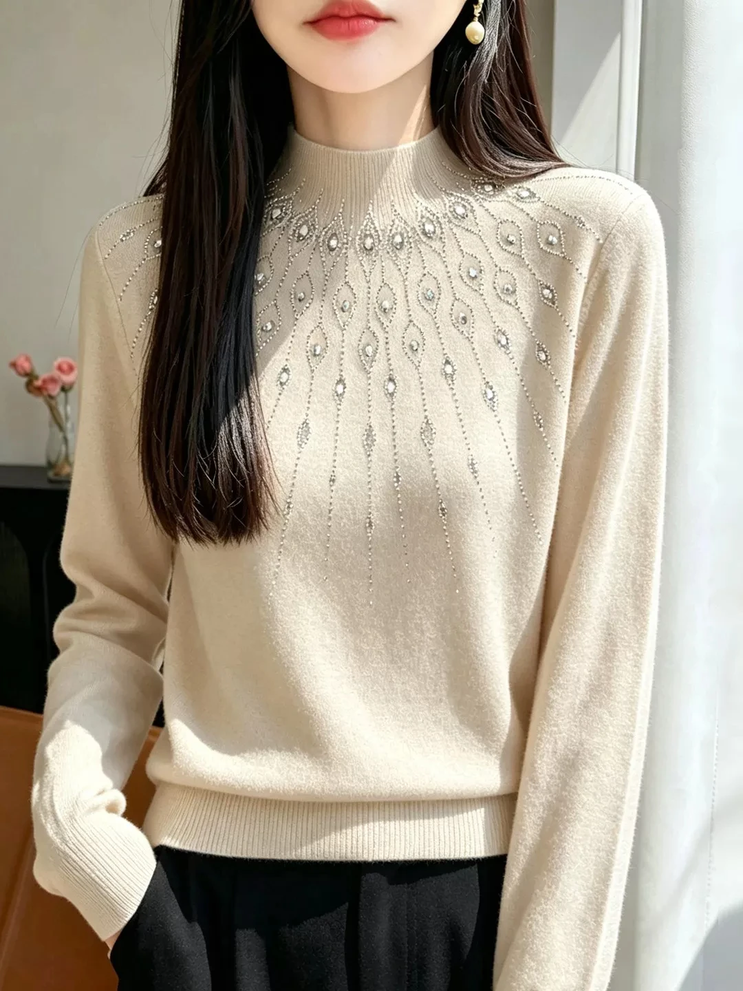 Heavyweight Sparkling Knit Sweater Women's Autumn Winter Half High Collar Inner Wear Fashionable Warm Base Layer Top