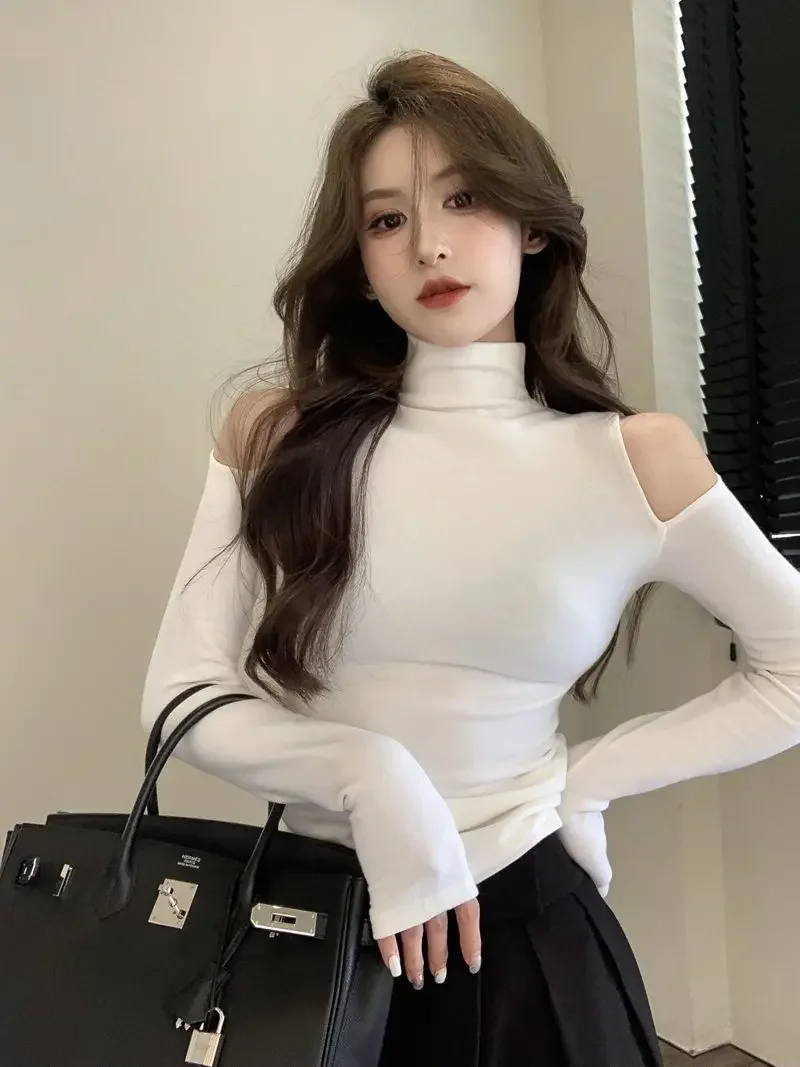 

White Off Shoulder Turtleneck Sexy Tshirts Female Tops 2024 Women's T Shirts Luxury High Quality Clothes XQ43