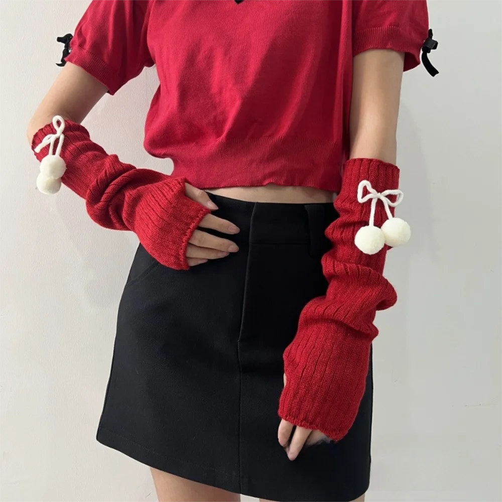 

Fashion Long Arm Warmer Gloves Cute Furry Ball Cold Proof Warm Arm Sleeve Knitted Fingerless Gloves Women
