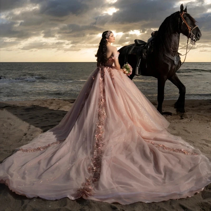 

Luxury Pink Quinceanera Dresses Ball Gown Off The Shoulder Beading 3D Flowers Appliques Lace Tull Sweet 15 Vestidos De XV Años