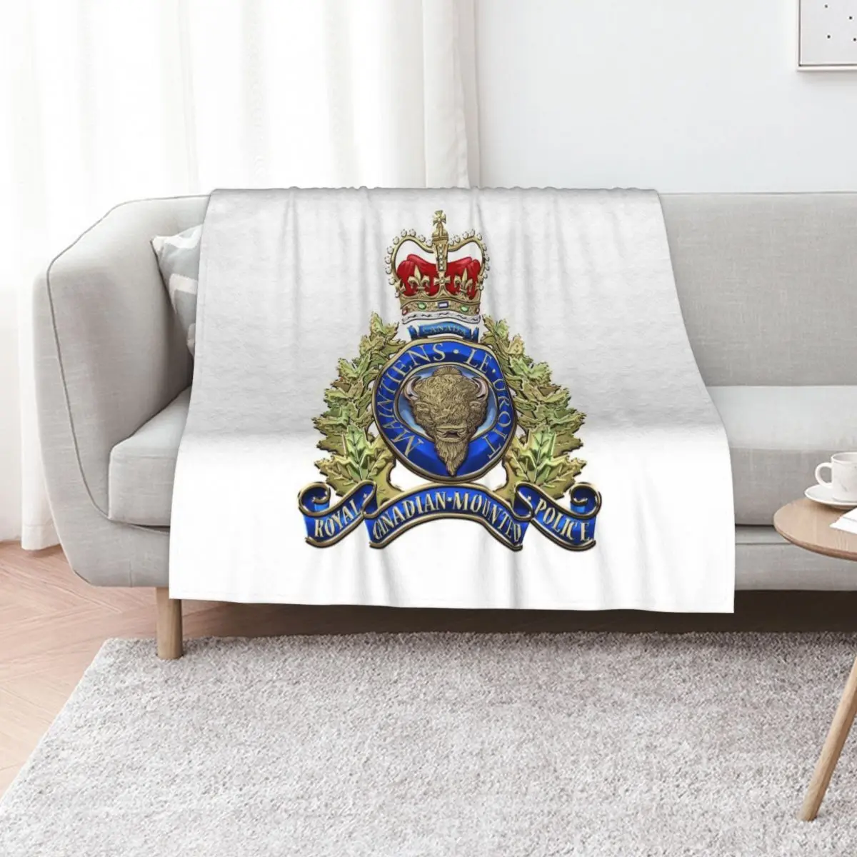 Royal Canadian Mounted Police - RCMP Badge over White Leather Throw Blanket Luxury Brand Thin Extra Large Throw Plaid Blankets