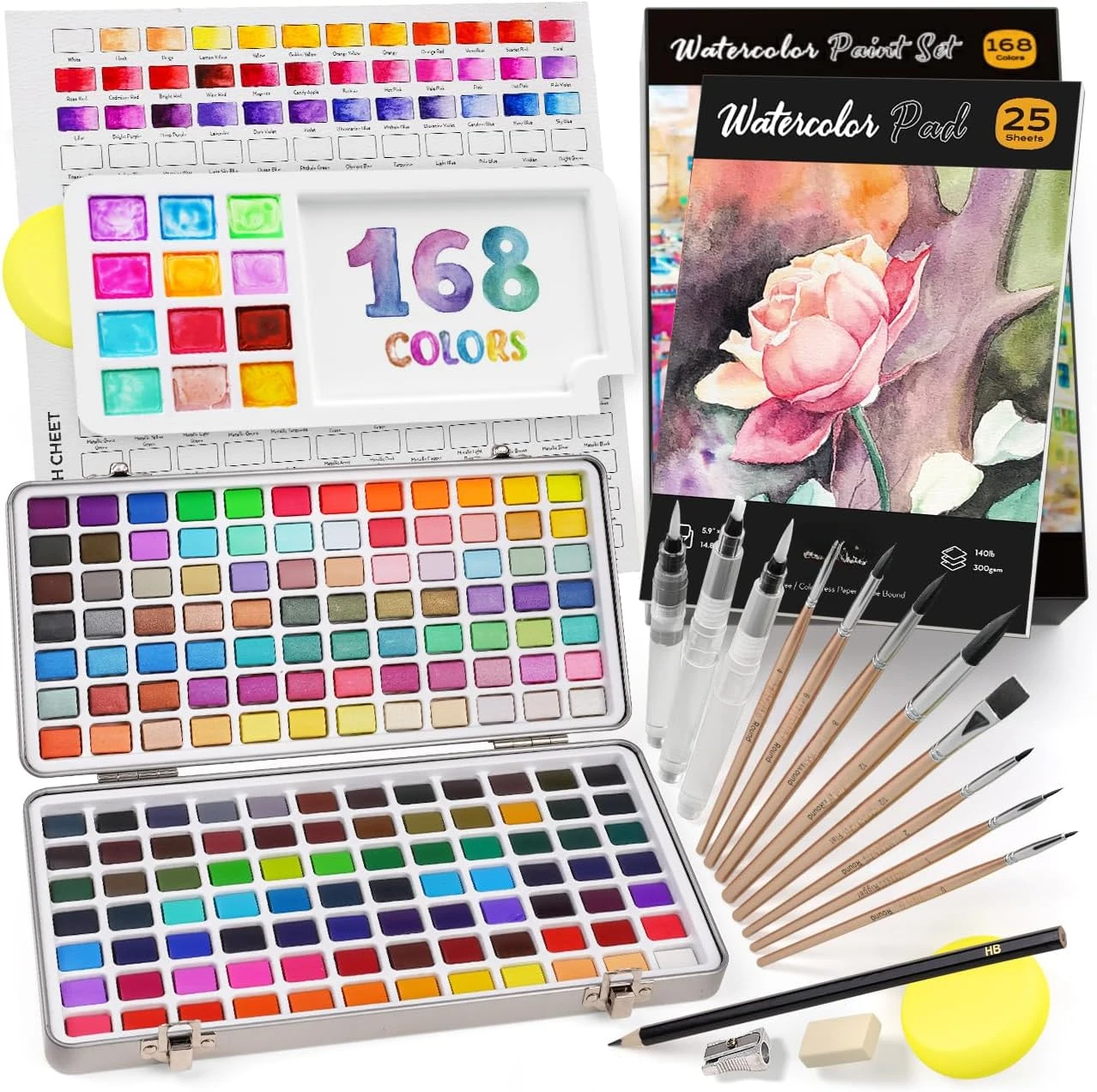 The 168-color watercolor paint set includes metal macarons, candy fluorescents, 25 watercolor papers, color palette