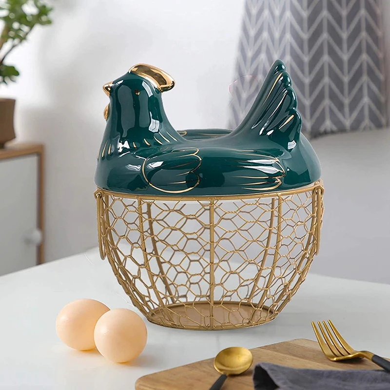 Egg Storage Basket Metal Wire Fruit Basket With Chicken Shape Lid Ceramic Egg Holder, Storage Holds 30 Eggs