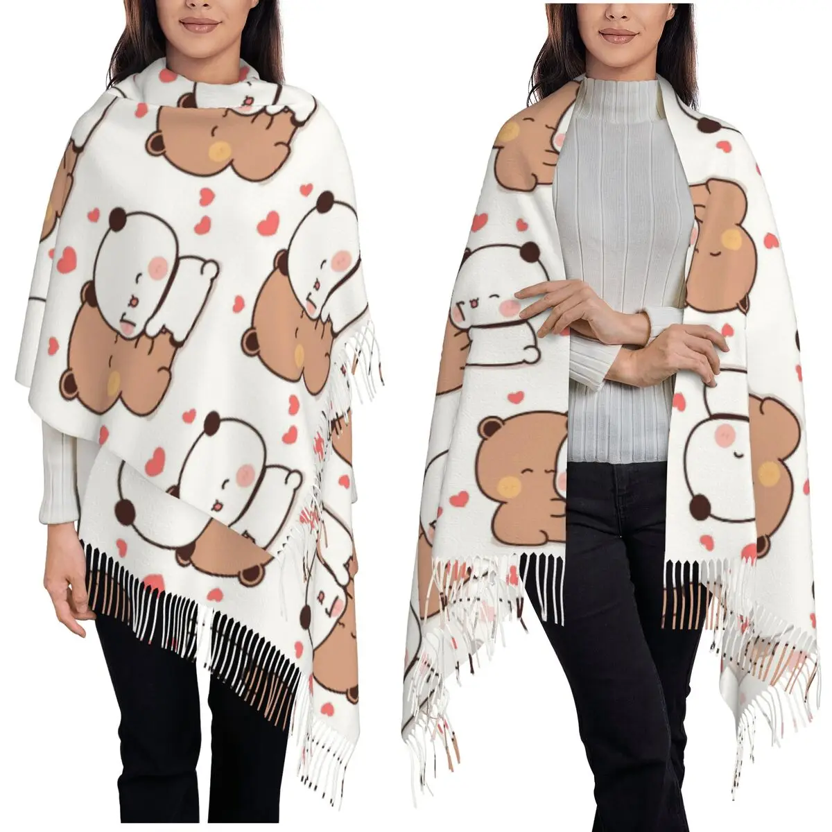 

Bubu Dudu Going To Sleep Panda And Bear Scarf Tassel Scarves Women Soft Warm Shawls and Wraps Large Fall Winter Shawl Wrap