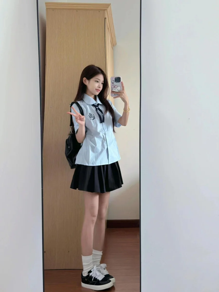 

Sweet Casual, лето 2024, женская футболка для колледжа Sle irt ort Sve, плиссированная юбка, комплект из двух предметов, корейская версия, прямая...