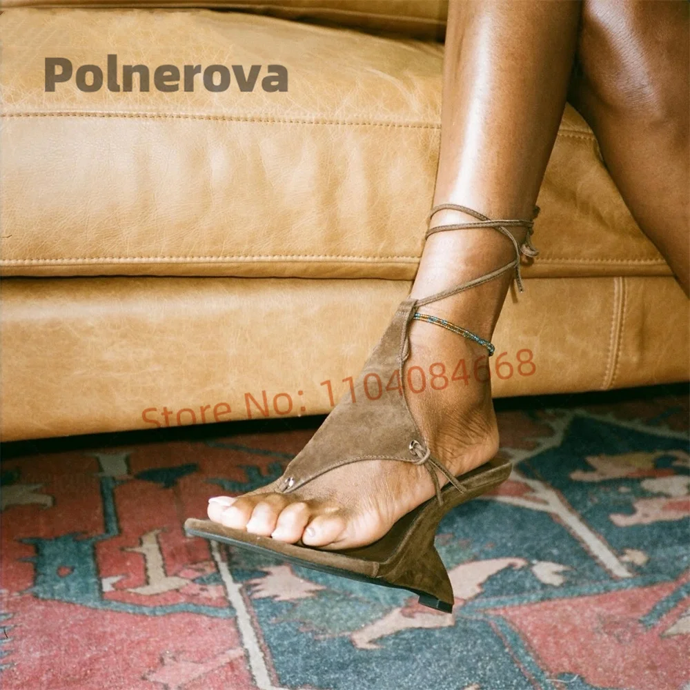 

Sexy Brown Suede Wedges Sandals for Women Clip-Toe High Heels Lace Up Women's Summer Novelty Style Designer Party Runway Shoes