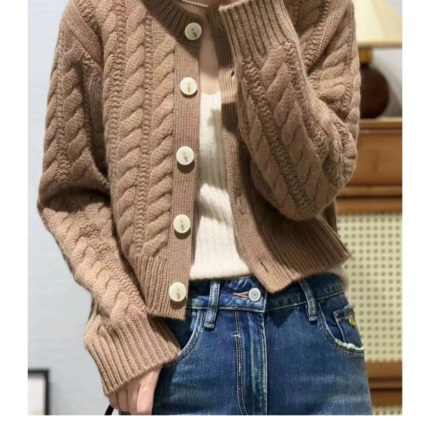 Cashmere Twist Cardigan for Women, Loose Thick Twisted Short Sweater, Knitted Coat, 100% Pure Wool, Autumn and Winter, New