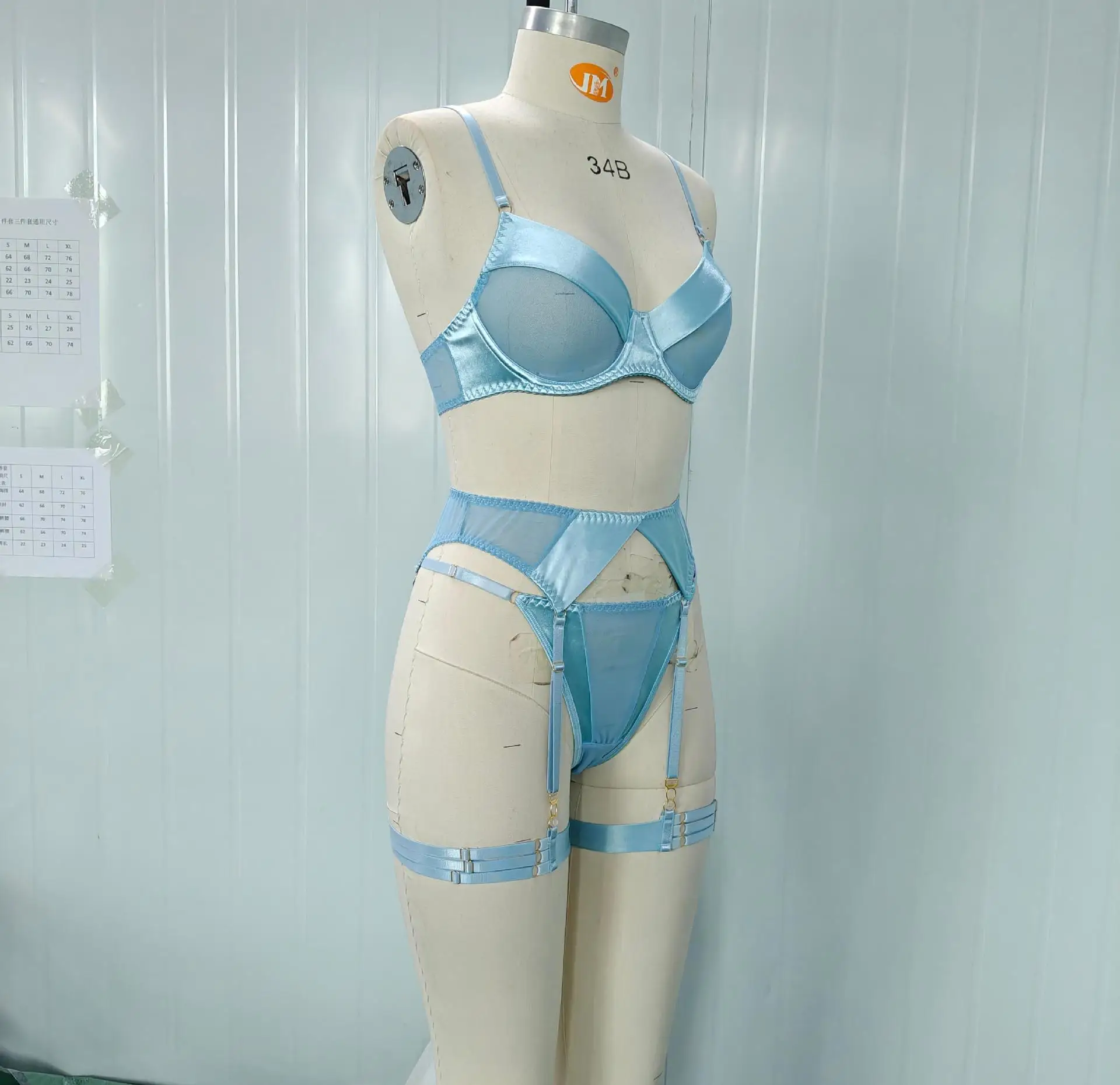 Brskbzda Conjunto de lencería elegante para mujer, sujetador de satén liso con parches, cinturón y ligueros, conjunto de moda íntima sensual y atractivo para mujer