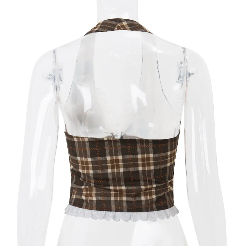 ゼイラ ヴィンテージ チェック柄 ホルタークロップトップ レーストリム付き フレンチスイート セクシー スタイリッシュ ベスト Y2K INSガールズ デイリー＆パーティー トレンドウェア