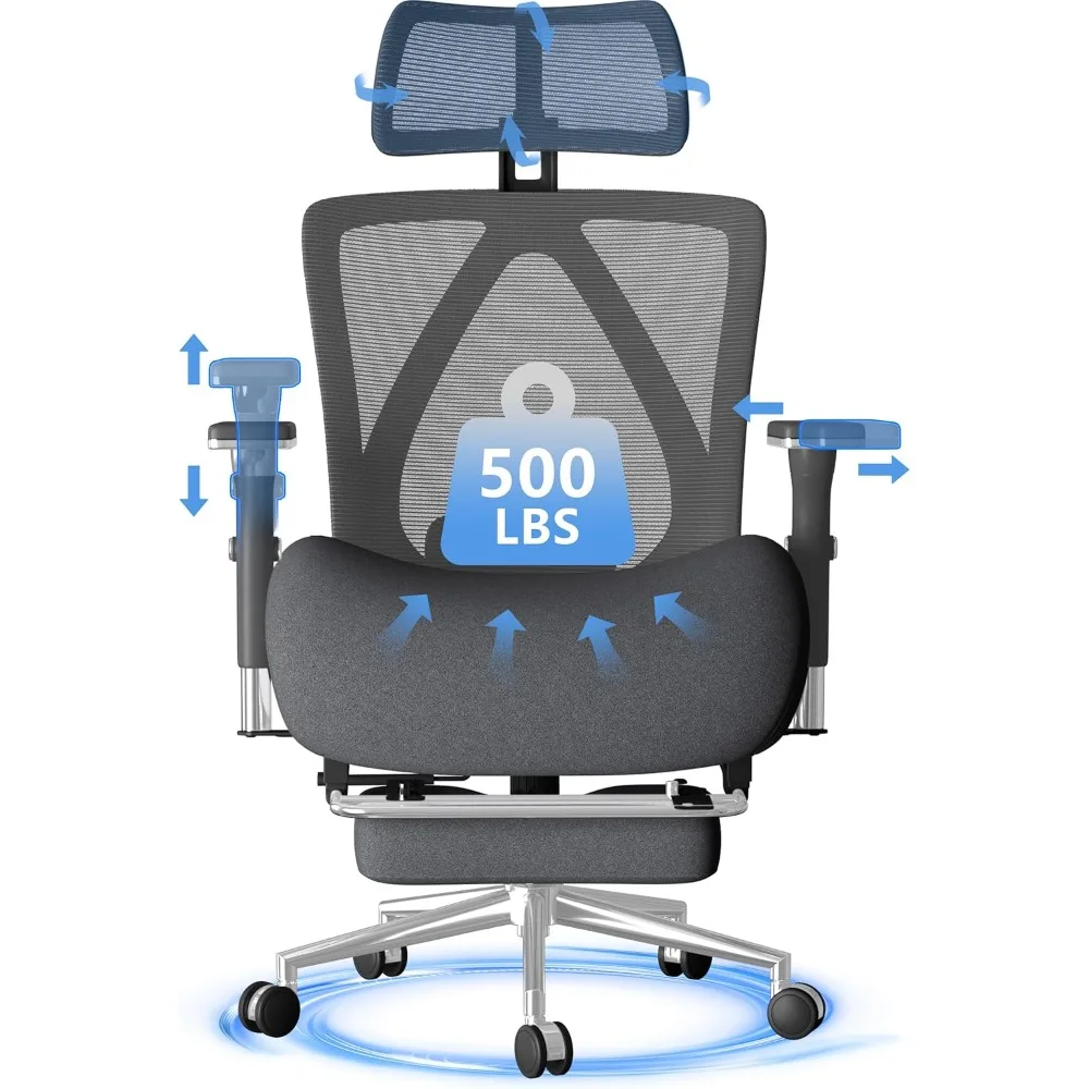 

ergonomic big and tall mesh office chair with footrest, wide cushion, and 4d adjustable armrests