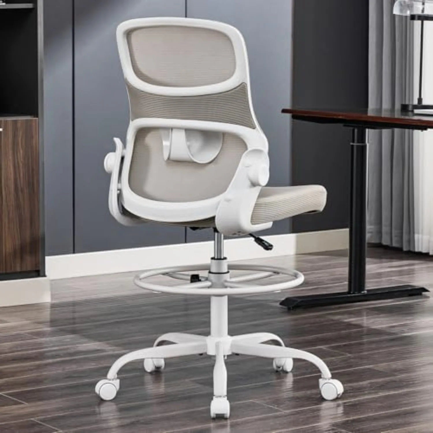 Armless Drafting Chair, Tall Office Chair for Standing Desks | A foot ring steadies legs through crafting and studio