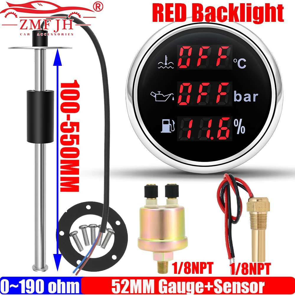 

Многофункциональный цифровой манометр ZMFJH 52 мм: измеритель температуры воды, давления масла, уровня топлива с сигнализацией и красной подсветкой, датчик давления масла 100-550 мм