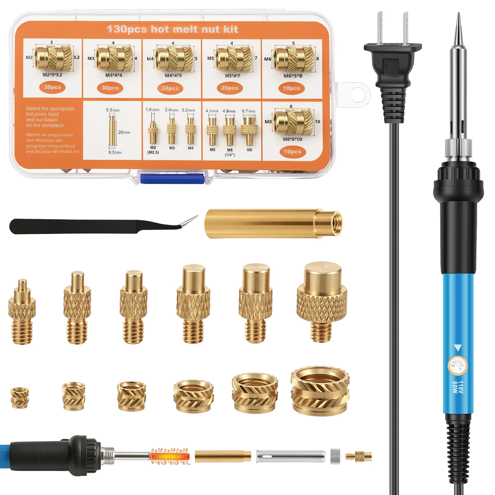 Brass Insert Nut Hot Melt Heat Knurled Embed Injection Copper Insertnut 3D Print Plastic Board Nuts Inserts with Soldering Iron