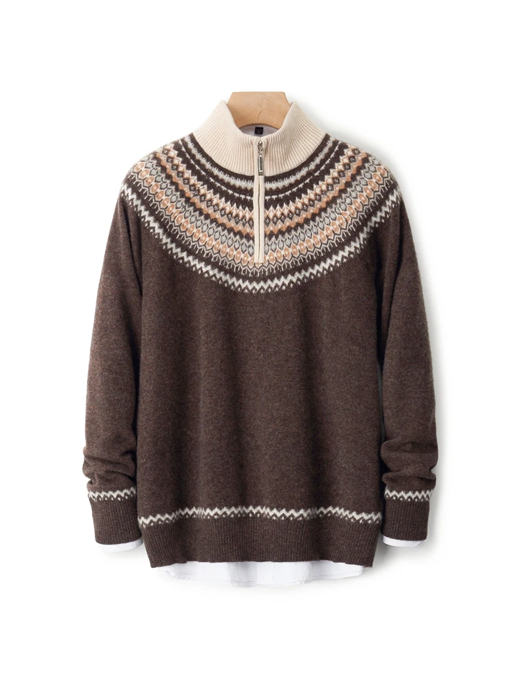 

Chic Autumn Winter Fair Isle Plaid Jacquard Sweater 100% Merino Wool Knitwear Half High Collar Pullover Zipper Men Clothing Tops