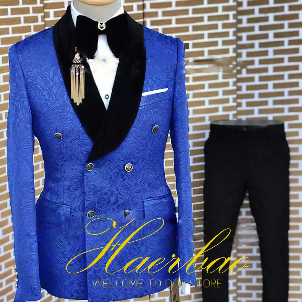 Royal Blue Men\'s Suit Wedding Floral Jacket Pants Set of 2 Double Breasted Blazer for Male Formal Party Clothes