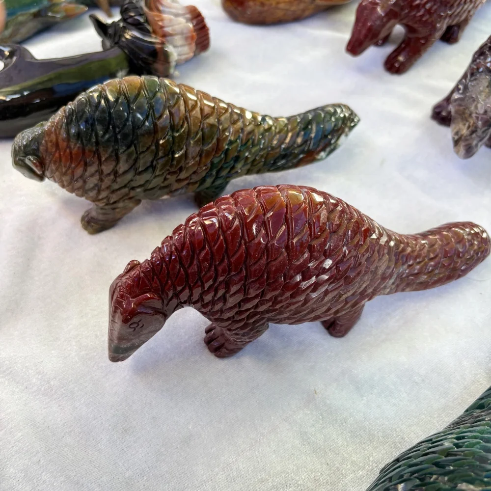 Natural Ocean Jasper Hand Carved Pangolin Figurine, Gemstone Animal Sculpture, Crystal Collection, Home Desktop Decor Ornament
