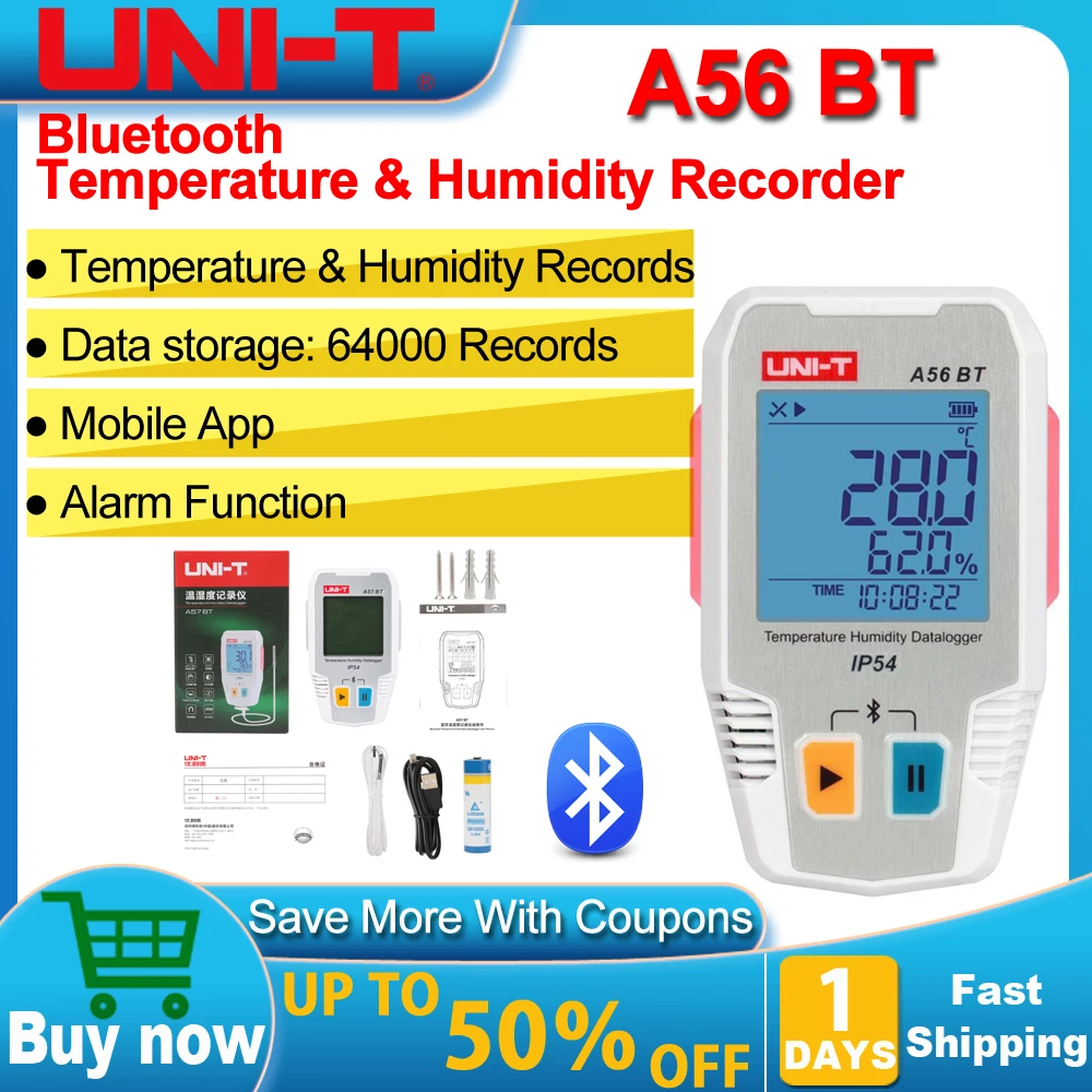 

UNI-T A56 BT Thermometer A57 BT Hygrometer Bluetooth Temperature Humidity Data Logger for Refrigeration Cold Chain Transport Lab