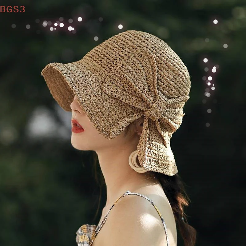 

2025 Women's Summer Beach Pure Color Bucket Hat Cool Straw Hat Girl Hiking Hat