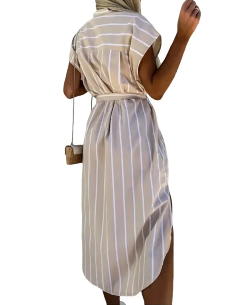ファッショナブルなストライププリントカジュアルラペルミッドレングススカート痩身夏の新しいシングルブレストシャツドレス女性のための