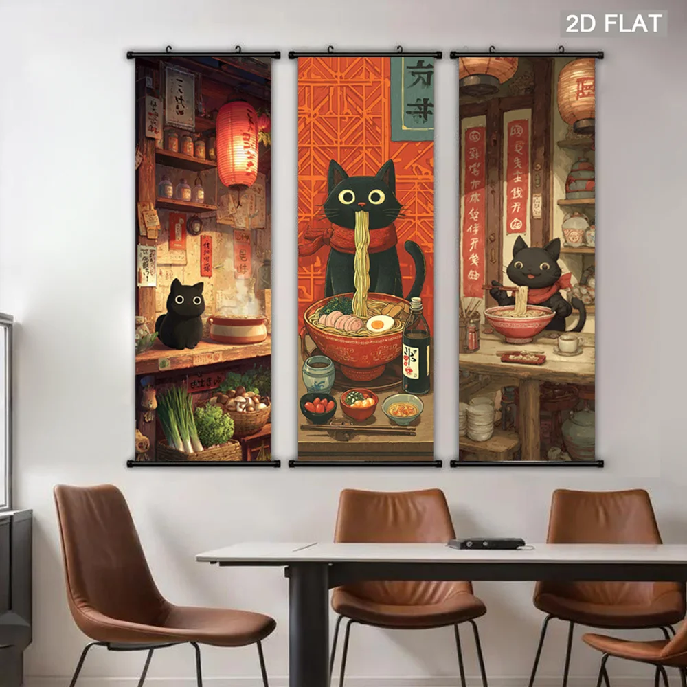 VIKAMA Black Cat Japanese Ramen Shop Wall Art Hanging Scroll Poster Warm Retro Canvas Painting for Kitchen Bedroom Decor