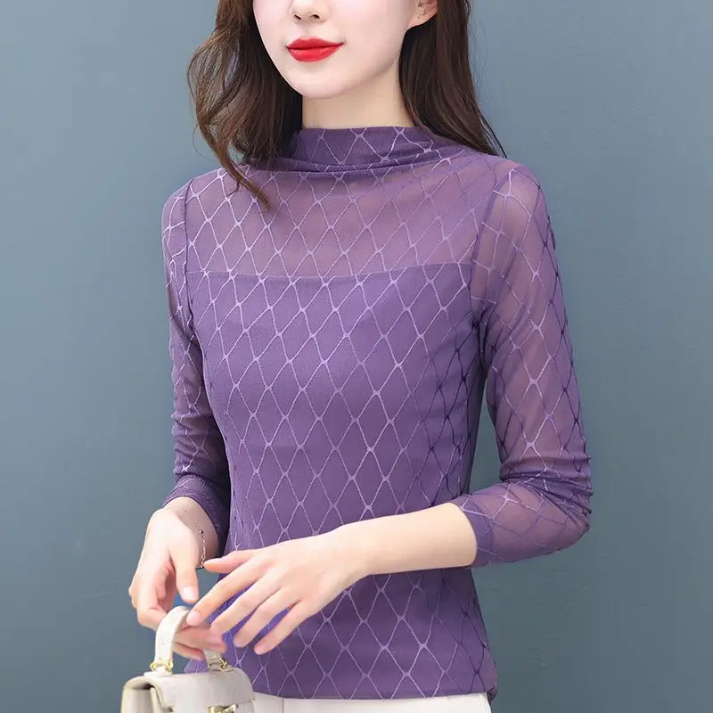 Women Sexy Sheer Mesh Elegant Fashion Fleece Warm Basic T-shirt Autumn Winter Half High Collar Long Sleeve Slim Tops Ropa Mujer