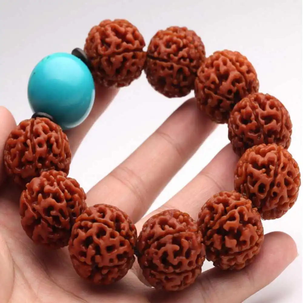 

25MM Natural Rudraksha Turquoise Beads Cuff Bracelet Men's Bless Seven Chakras Women spread Prayer