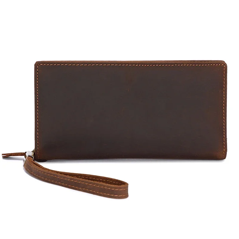 Multi-Card Casual Genuine Leather Men Long Wallet with Zipper Pocket Coin Purse Crazy Horse Leather Clutch Bag Man