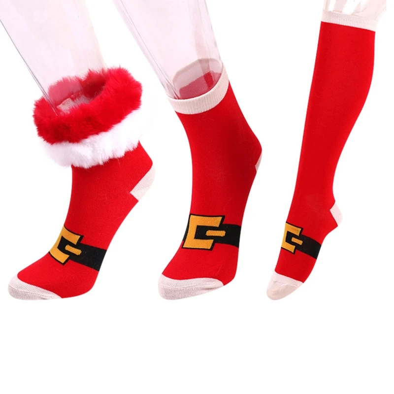 Women Christmas Holiday Socks with Furry Plush Trim Cartoon Printed Novelty Gift