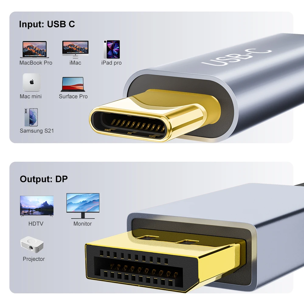 USB C to DisplayPort Cable 8K60Hz Type C to DP 1.4 Cable Thunderbolt 3 4 4K144Hz For MacBook Pro Samsung Huawei Dell TV Monitor