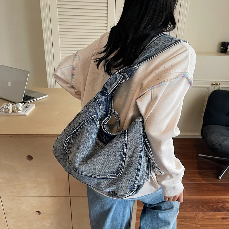 Durable denim large-capacity dumpling bag for students and couples, light solid color casual single-shoulder crossbody bag