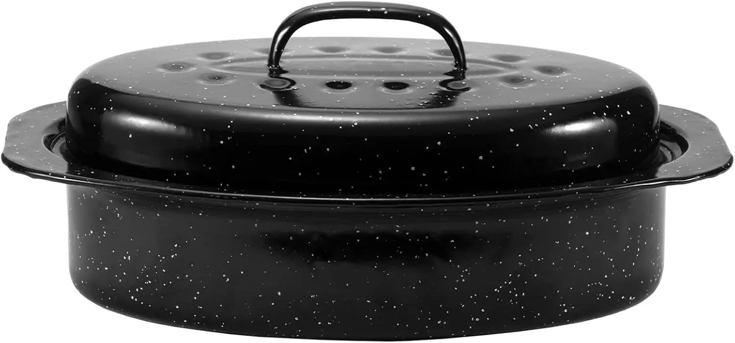 

Granite baking tray, 13 inch small enamel baking tray with dome lid. Oval shaped turkey oven