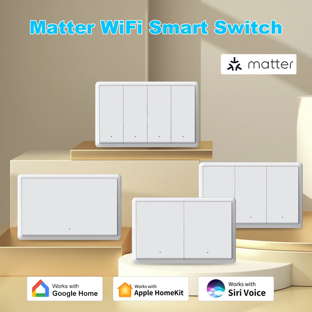 

Настенный выключатель Manhot Matter Wi-Fi с нейтралью опционально 1, 2, 3, 4, интеллектуальный прерыватель, работает с приложением Tuya Google Home