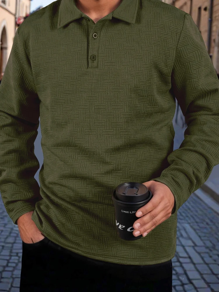 ربيع الخريف موضة الرجال البلوز القمم عادية بلون كم طويل Polos الرجال Vintage زر متابعة بدوره إلى أسفل طوق قمصان بولو