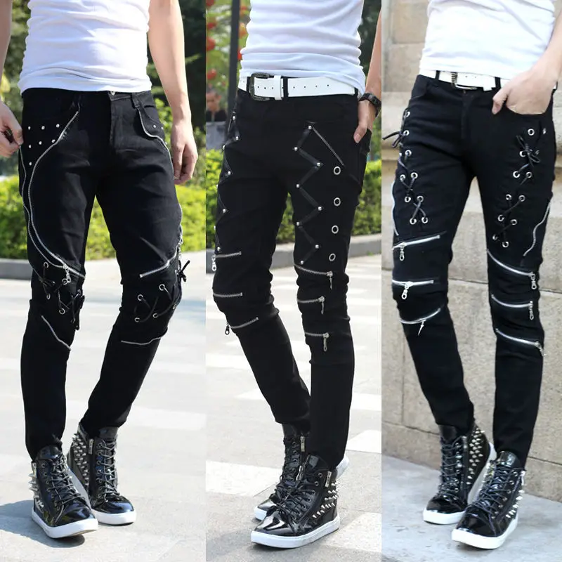 Men black punk hip hop jeans with multi zippers mens skinny jeans slim fit denim pants biker trousers Present Belts