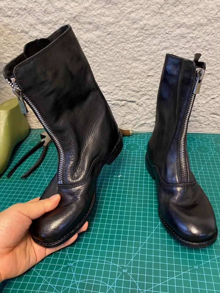Women Retro Comfortable Winter Zipper Horsehide Genuine Leather Mid Heel Round Toe Solid Color Ankle Boots Fashion Lady Footwear