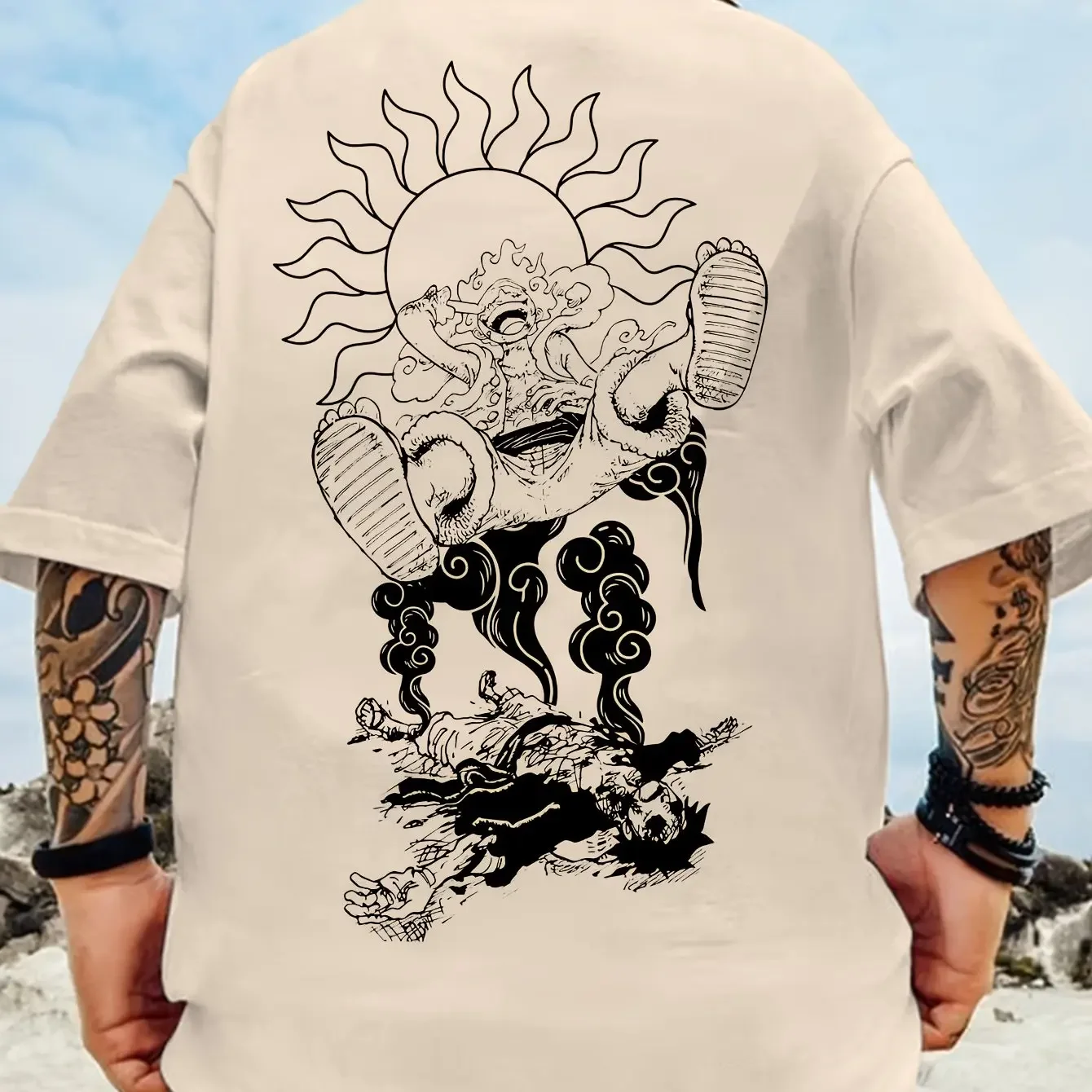 

Sun God Graphic Tee Black Cotton Streetwear White Line Art Tattoo Style Oversized Fit Cloud Smoke Effect Divine Pose Unisex